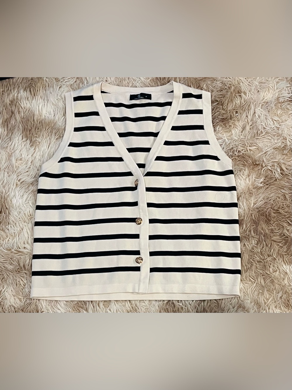 Striped V-Neck Gold-Button Front Sleeveless Vest Top - Black & White. LG